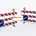 Road Traffic Barriers With Red White Stripes Yellow Warning Lights And Blue Arrow Signs