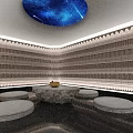 Bath Center Sauna Room With Wooden Striped Walls Stone Table And Starry Ceiling