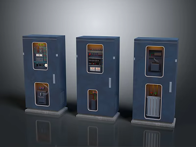 Three Blue Equipment Cabinets With Control Panels And Internal Components 3d model