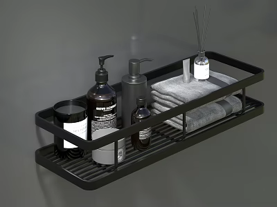Black Bathroom Shelf With Toiletries Soap Dispenser Towels And Essential Oil Diffuser 3d model