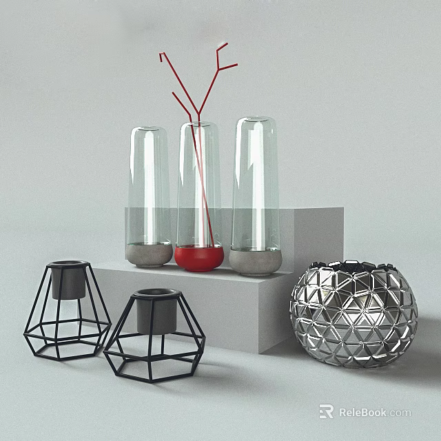 Modern Decorative Ornament Set With Glass Vases Metal Candle Holders And Geometric Spherical Decor 3d model 