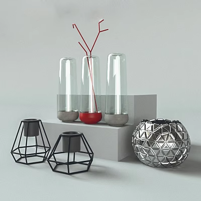 Modern Decorative Ornament Set With Glass Vases Metal Candle Holders And Geometric Spherical Decor 3d model