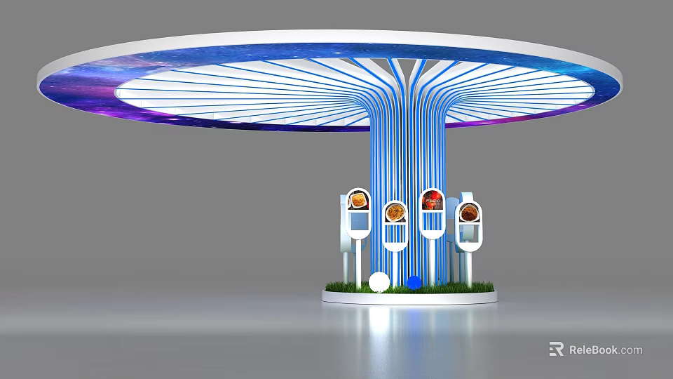 Blue Pillar With Circular Gradient Canopy Surrounded By Display Panels Green Grass And White Spheres 3d model 