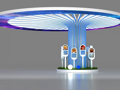 Blue Pillar With Circular Gradient Canopy Surrounded By Display Panels Green Grass And White Spheres 3d model