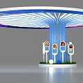 Blue Pillar With Circular Gradient Canopy Surrounded By Display Panels Green Grass And White Spheres