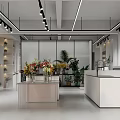 Modern Florist Shop with Shelves Displaying Colorful Fresh Flowers and Decorative Vases Under Bright Spotlights