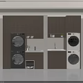 Stacked Black and White Washing Machines in Modern Wooden Cabinet Laundry Room