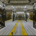 Subway Station Interior With Metallic Pillars Staircase Yellow Lines And Tiled Floor