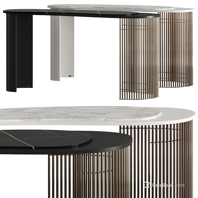 Modern Minimalist Console Table With Round Marble Top And Lattice Base Black White 3d model 