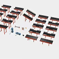 Workshop Tables With Red Frames Black Tops And Scattered Tools Arrangement 3d model