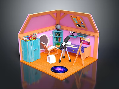 Toy House Interior With Pink Walls Blue Cabinet Telescope And Purple Desk 3d model