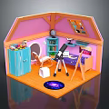Toy House Interior With Pink Walls Blue Cabinet Telescope And Purple Desk