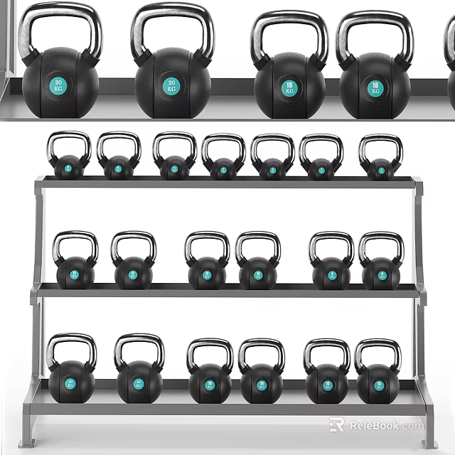 Black Kettlebells With Blue Circles On Multi Shelf Fitness Equipment Storage Rack 3d model 