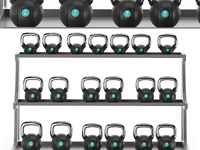 Black Kettlebells With Blue Circles On Multi Shelf Fitness Equipment Storage Rack 3d model