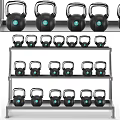 Black Kettlebells With Blue Circles On Multi Shelf Fitness Equipment Storage Rack