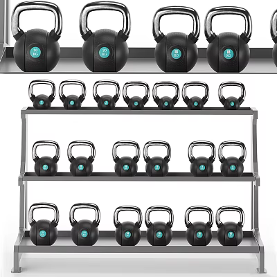 Black Kettlebells With Blue Circles On Multi Shelf Fitness Equipment Storage Rack 3d model