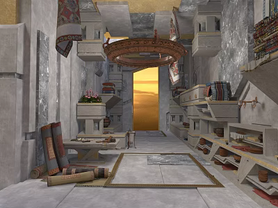 Ancient Library Interior With Scrolls Stone Shelves And Golden Light Through Doorway 3d model