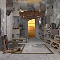 Ancient Library Interior With Scrolls Stone Shelves And Golden Light Through Doorway