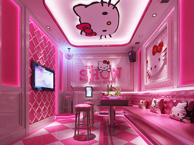 Hello Kitty Themed KTV Interior With Pink Decorations Sofa TV And Checkered Floor 3d model
