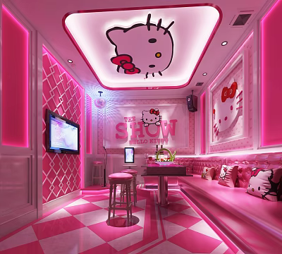 Hello Kitty Themed KTV Interior With Pink Decorations Sofa TV And Checkered Floor 3d model