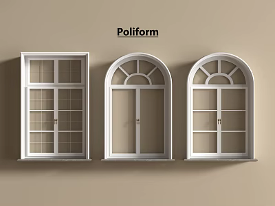 Poliform White Casement Windows Three With Left Rectangular Middle And Right Arched Designs 3d model