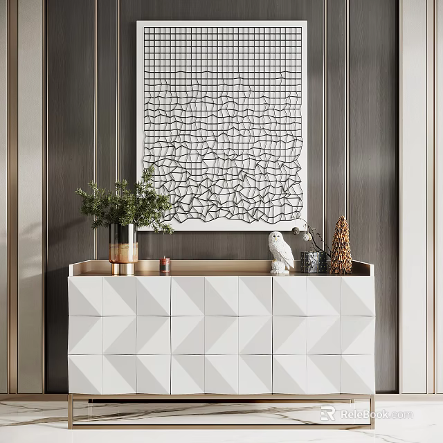 Modern Entryway Console Cabinet With Geometric Doors Potted Plant And Abstract Wall Art 3d model 