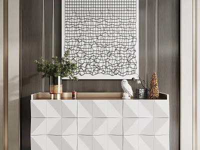 Modern Entryway Console Cabinet With Geometric Doors Potted Plant And Abstract Wall Art 3d model