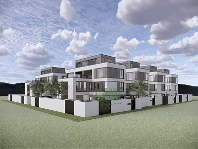 Modern Townhouses Exterior Design With Large Windows White Facade And Green Lawn 3d model