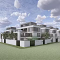 Modern Townhouses Exterior Design With Large Windows White Facade And Green Lawn