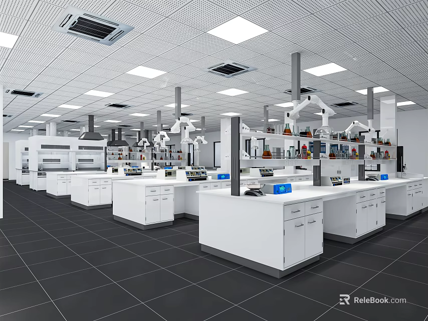 Modern Spacious Laboratory Interior With White Benches Fume Hoods Cabinets And Equipment 3d model 