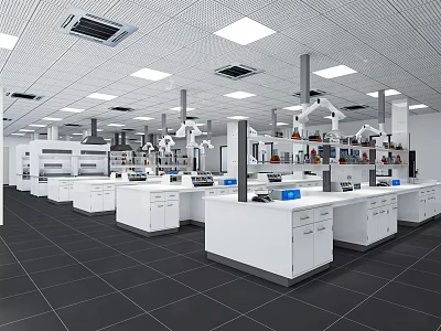 Modern Spacious Laboratory Interior With White Benches Fume Hoods Cabinets And Equipment 3d model