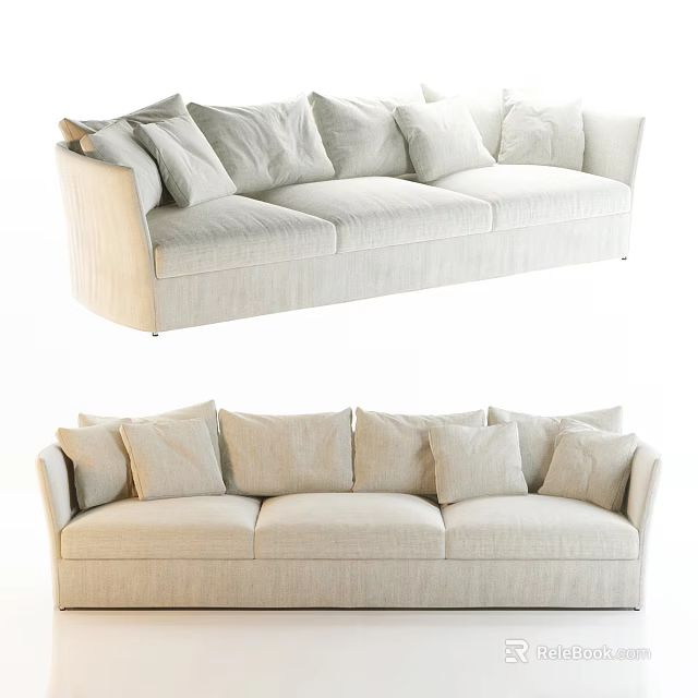 Light Cream Three Seater Fabric Sofa With Multiple Plush Cushions And Modern Design 3d model