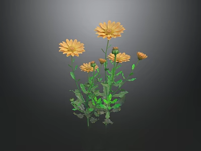 Several Yellow Flowers With Green Stems And Leaves On Dark Background 3d model