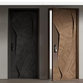 Modern Security Doors With Geometric Wooden Patterns And Secure Lock In Dark Light Brown