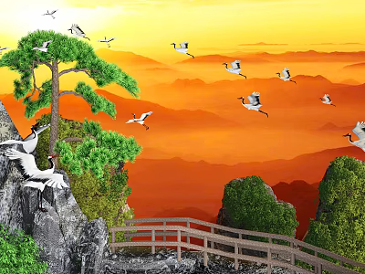 Tall Pine Tree With White Cranes Flying Over Orange Mountains And Wooden Bridge 3d model