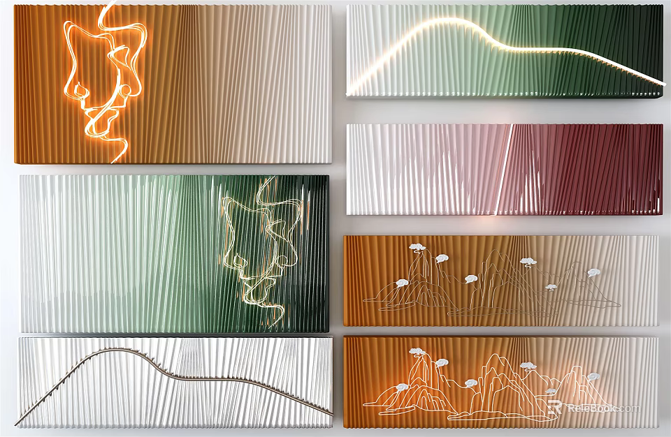 Stylish Modern Wall Decor With Colorful Striped Backgrounds And Abstract Wavy Line Motifs 3d model 