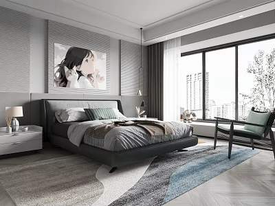 Modern Bedroom Interior With Large Bed Nightstand Table Lamp Wall Painting And Area Rug 3d model