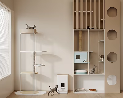 Stylish Cat Furniture Setup With Tree Bed Litter Box And Food Bowls 3d model