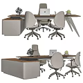 Modern Wooden Office Desk With Laptop Ergonomic Chairs Side Cabinet And Small Plant