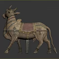 Ancient Ox Sculpture Featuring Painted Harness Saddle And Decorative Straps