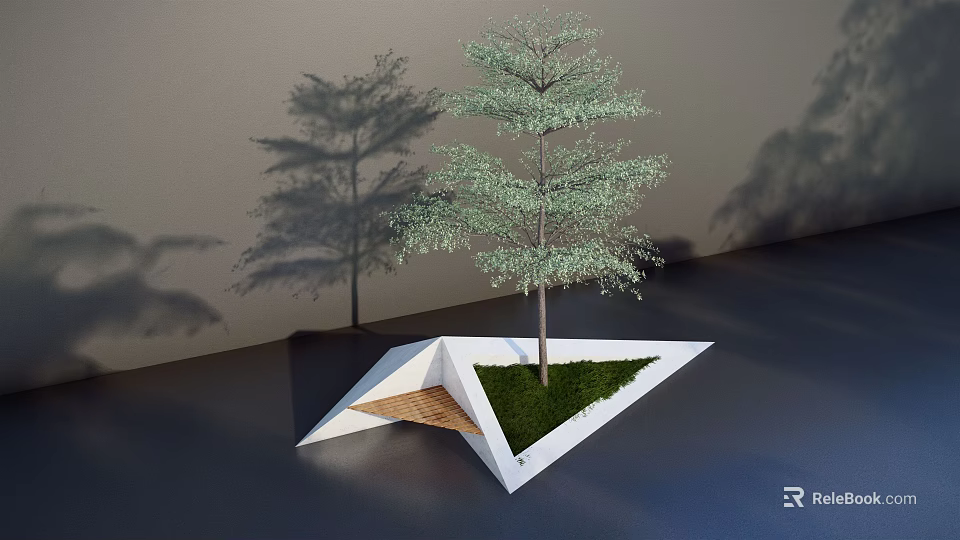 White Geometric Landscape Seating with Central Tree and Grass Area 3d model