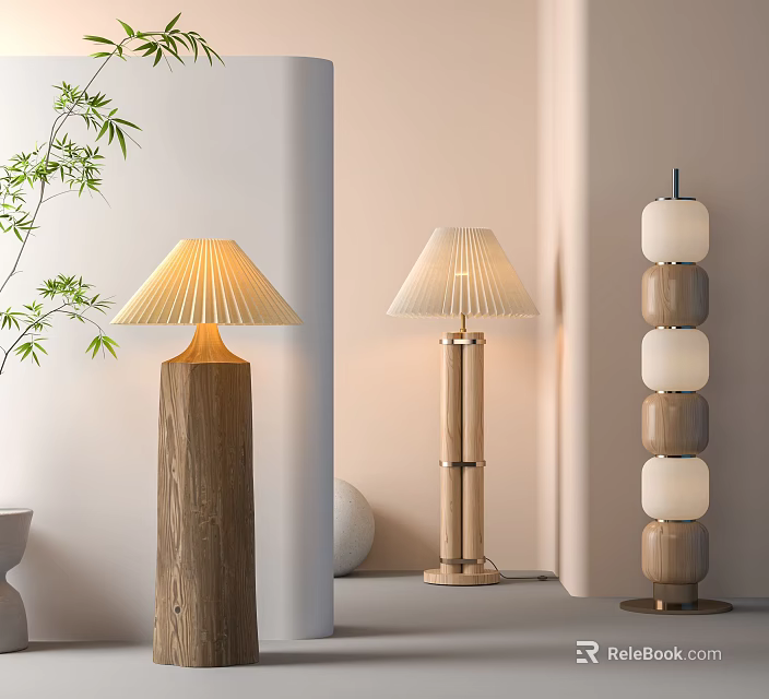 Modern Floor Lamps with Wooden Base Pleated Shade and Stacked Design for Living Room 3d model 