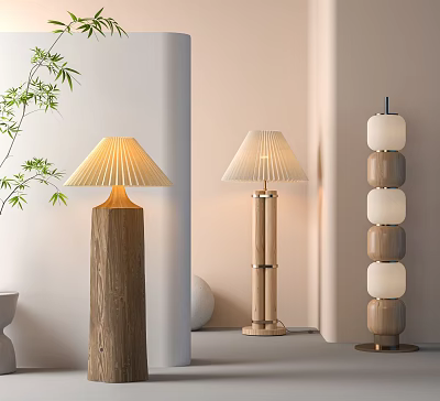Modern Floor Lamps with Wooden Base Pleated Shade and Stacked Design for Living Room 3d model