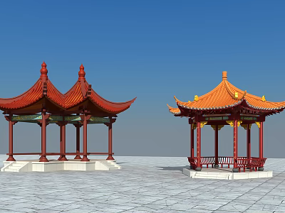 Traditional Chinese Pavilions With Red And Orange Roofs Against Blue Sky And Stone Pavement 3d model