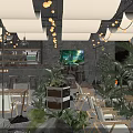 Modern Hot Pot Restaurant Interior With Green Plants Hanging Lights Seating Area And Stone Decorations