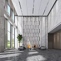 Modern Lobby Reception Desk Design With Stone Walls Wooden Accents And Glass Doors