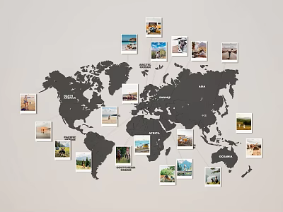 World Map Decorated With Pinned Travel Photos And Scenery 3d model