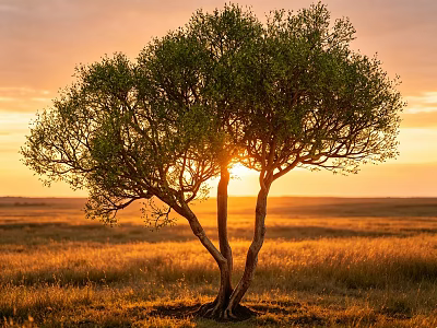 Lush Green Tree Standing In Vast Grassland Under Golden Sunset Light 3d model