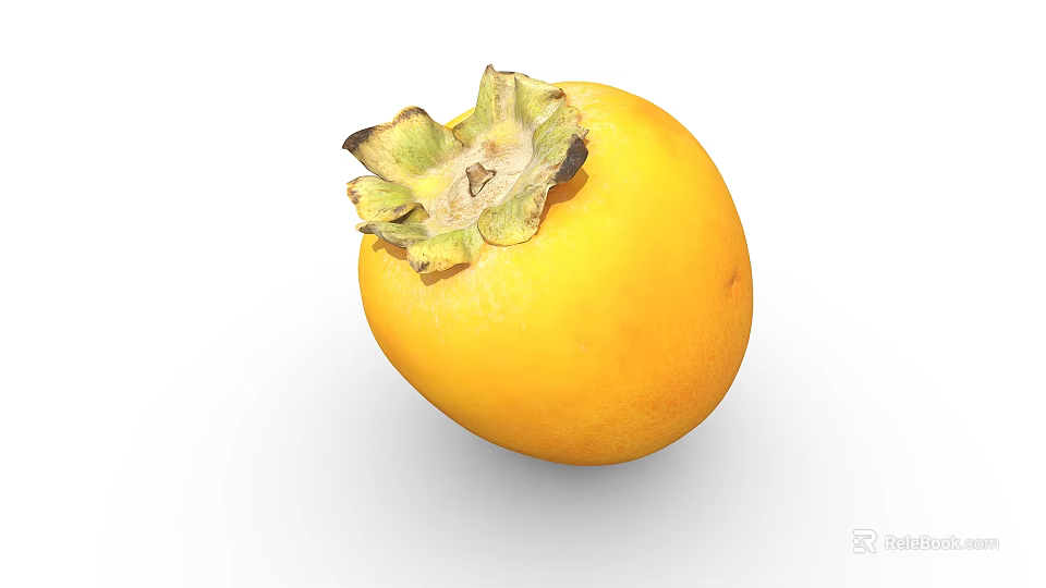 Whole Ripe Yellow Persimmon Fruit with Green Calyx on White Background 3d model 