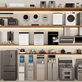 Various Types Of Home Appliances Displayed On Multiple Shelves With Modern Designs
